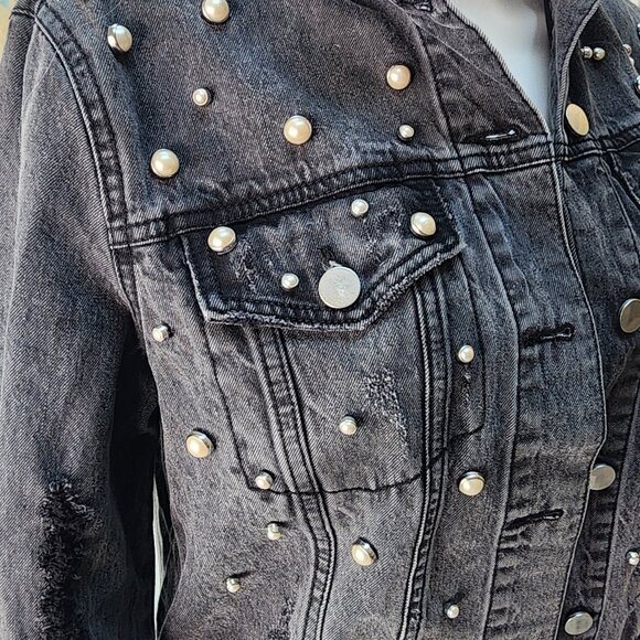 TINSEL Women’s Distressed Black Denim Jacket with Pearl Accents - Size S - Picture 8 of 12